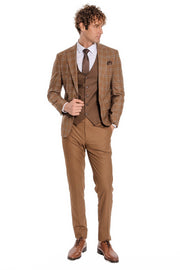 Checked Patterned Slim Fit Brown Men Suit - Wessi