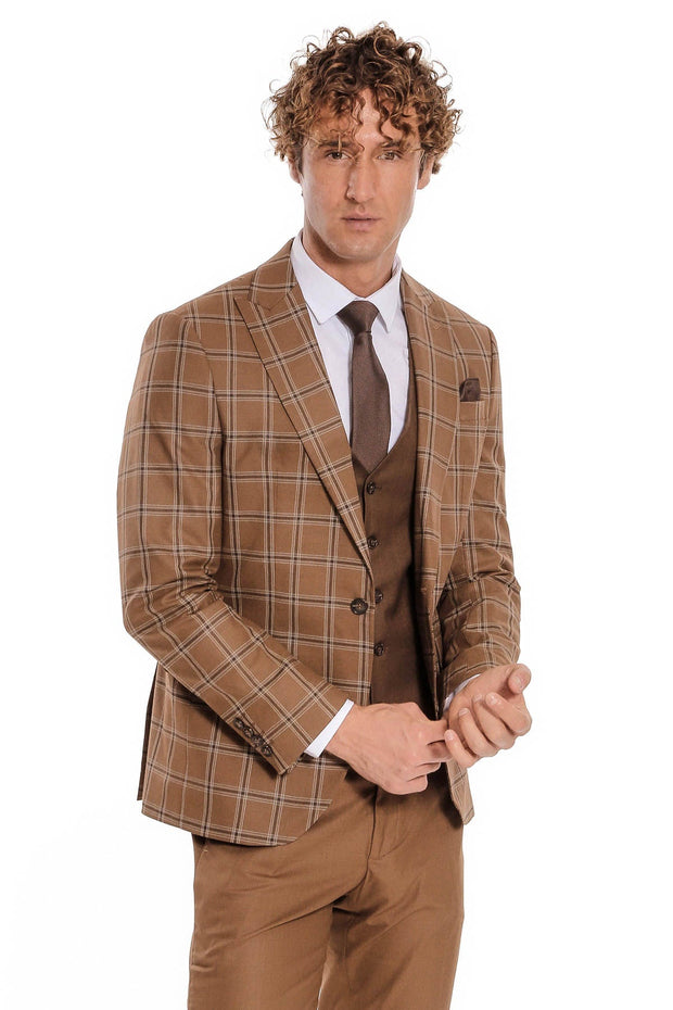 Checked Patterned Slim Fit Brown Men Suit - Wessi