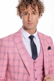 Checked Patterned Slim Fit Pink Men Suit - Wessi