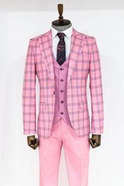 Checked Patterned Slim Fit Pink Men Suit - Wessi