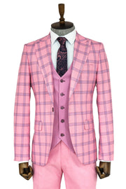 Checked Patterned Slim Fit Pink Men Suit - Wessi