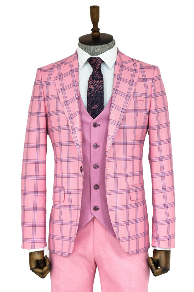 Checked Patterned Slim Fit Pink Men Suit - Wessi