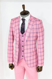 Checked Patterned Slim Fit Pink Men Suit - Wessi