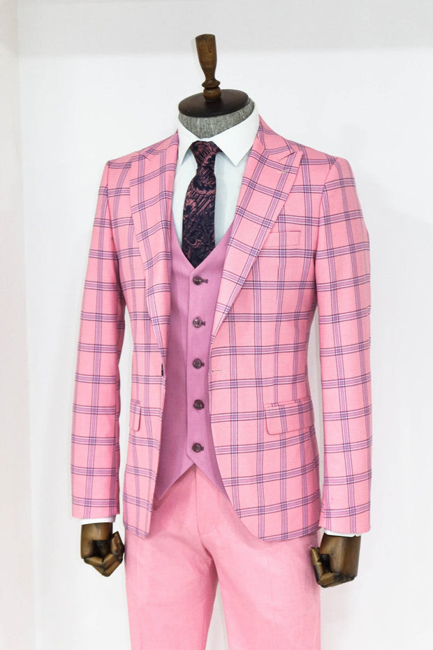 Checked Patterned Slim Fit Pink Men Suit - Wessi