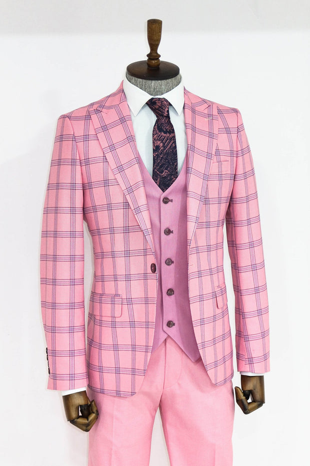 Checked Patterned Slim Fit Pink Men Suit - Wessi