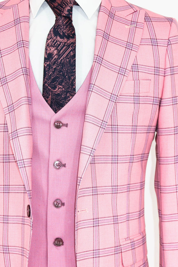 Checked Patterned Slim Fit Pink Men Suit - Wessi