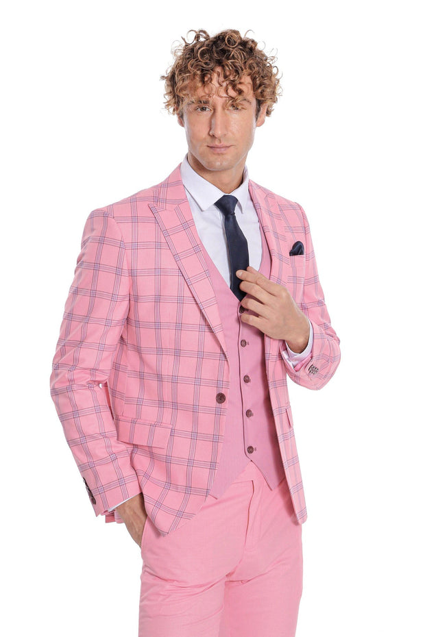 Checked Patterned Slim Fit Pink Men Suit - Wessi