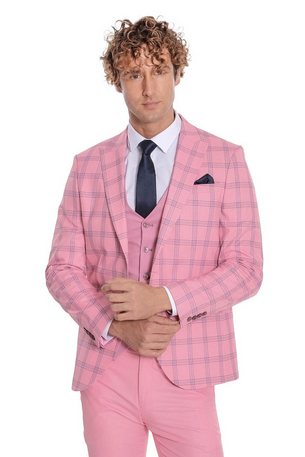 Checked Patterned Slim Fit Pink Men Suit - Wessi