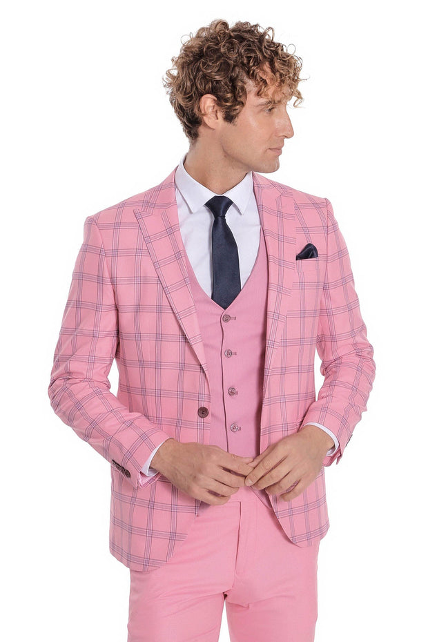 Checked Patterned Slim Fit Pink Men Suit - Wessi