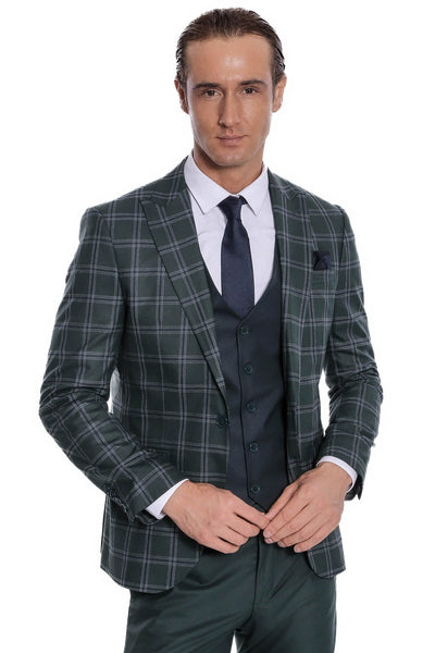 Checked Patterned Slim Fit Green Men Suit - Wessi