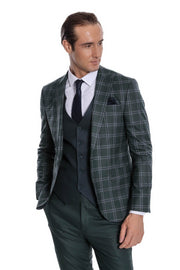 Checked Patterned Slim Fit Green Men Suit - Wessi