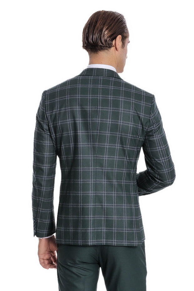 Checked Patterned Slim Fit Green Men Suit - Wessi