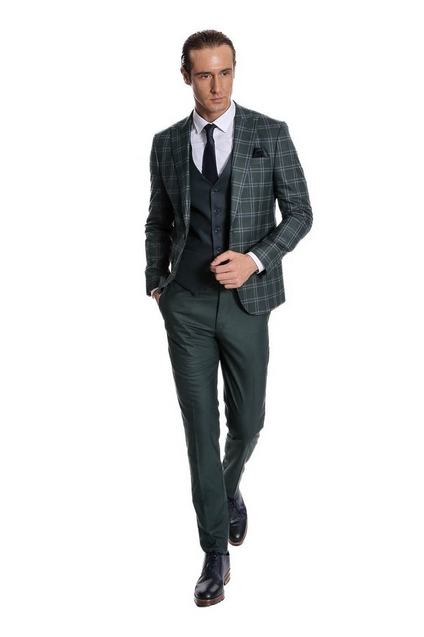 Checked Patterned Slim Fit Green Men Suit - Wessi