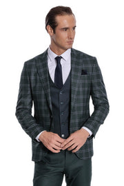 Checked Patterned Slim Fit Green Men Suit - Wessi