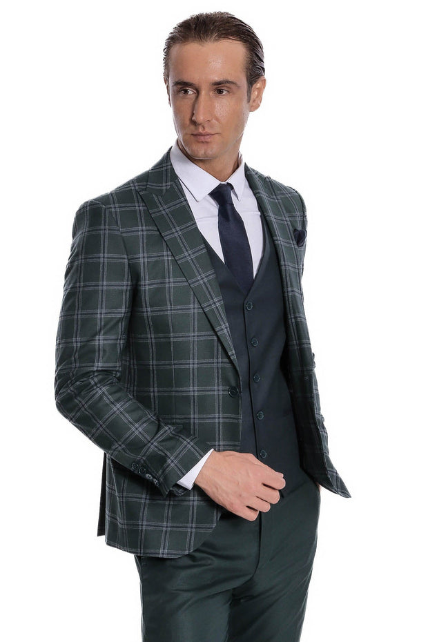 Checked Patterned Slim Fit Green Men Suit - Wessi