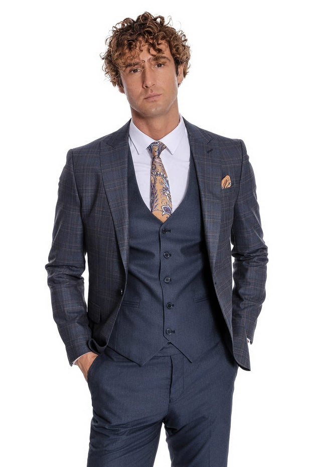 Checked Slim Fit Navy Blue Men Suit - Wessi