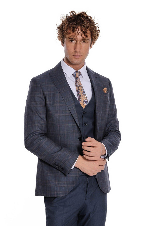 Checked Slim Fit Navy Blue Men Suit - Wessi