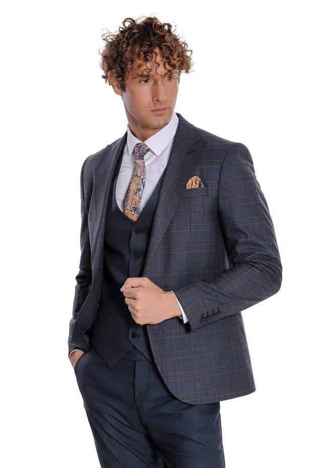 Checked Slim Fit Navy Blue Men Suit - Wessi