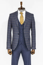 Checked Slim Fit Blue Men Suit - Wessi