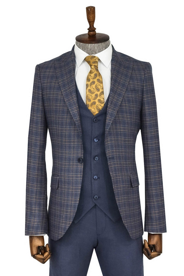 Checked Slim Fit Blue Men Suit - Wessi