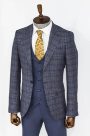 Checked Slim Fit Blue Men Suit - Wessi