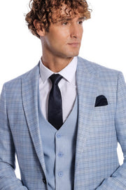 Checked Slim Fit Light Blue Men Suit - Wessi