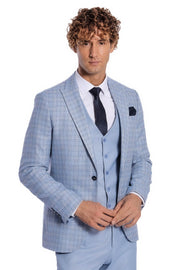 Checked Slim Fit Light Blue Men Suit - Wessi