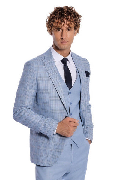 Checked Slim Fit Light Blue Men Suit - Wessi