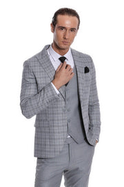 Checked Slim Fit Light Grey Men Suit - Wessi