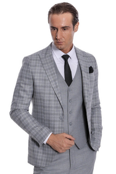 Checked Slim Fit Light Grey Men Suit - Wessi