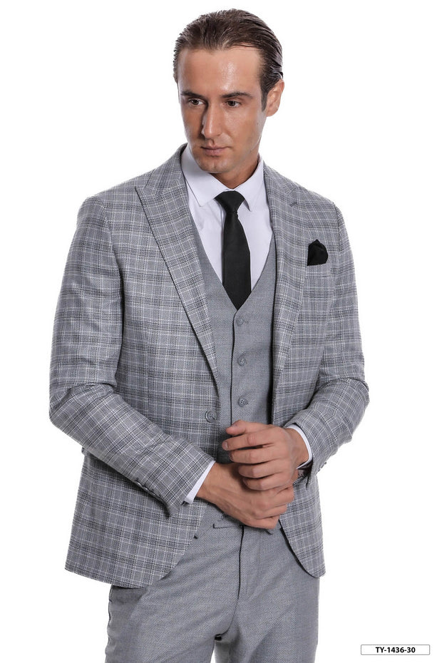 Checked Slim Fit Light Grey Men Suit - Wessi