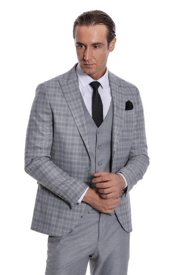 Checked Slim Fit Light Grey Men Suit - Wessi