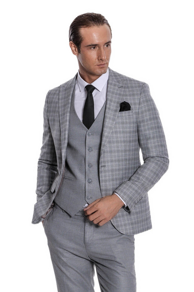 Checked Slim Fit Light Grey Men Suit - Wessi