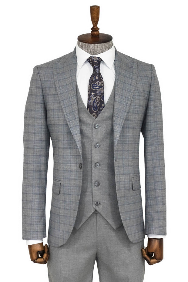 Checked Slim Fit Grey Men Suit - Wessi