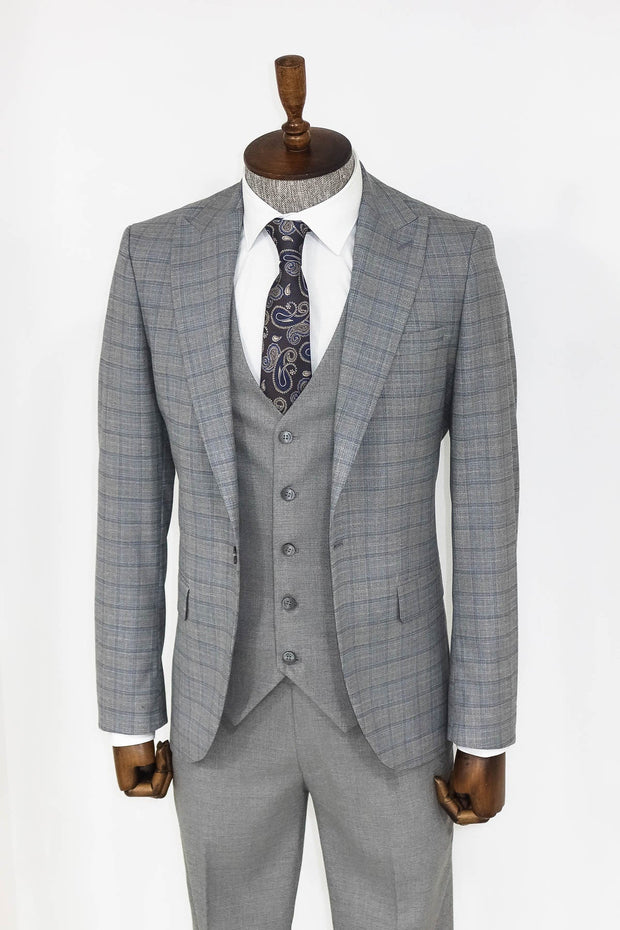 Checked Slim Fit Grey Men Suit - Wessi