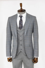 Checked Slim Fit Grey Men Suit - Wessi