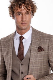 Checked Slim Fit Light Brown Men Suit - Wessi