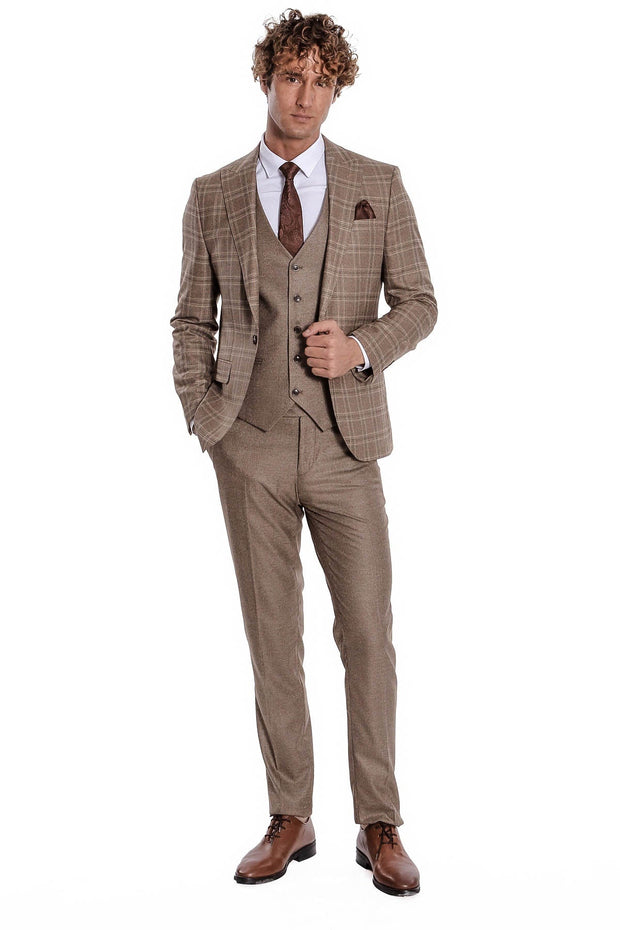 Checked Slim Fit Light Brown Men Suit - Wessi