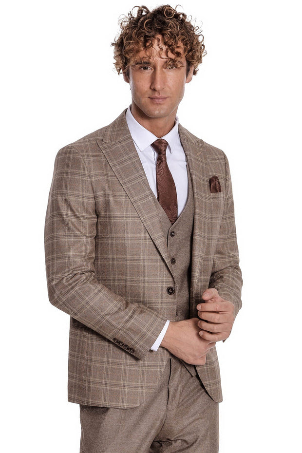 Checked Slim Fit Light Brown Men Suit - Wessi