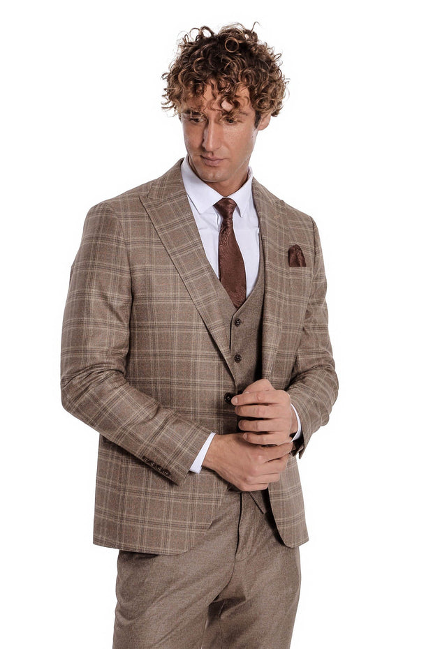 Checked Slim Fit Light Brown Men Suit - Wessi