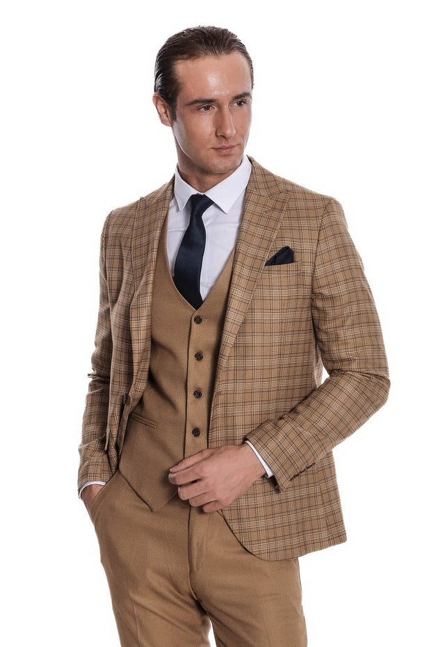 Checked Slim Fit Tan Men Suit - Wessi