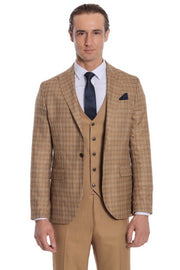 Checked Slim Fit Tan Men Suit - Wessi