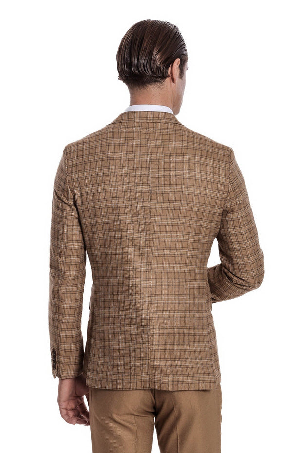 Checked Slim Fit Tan Men Suit - Wessi