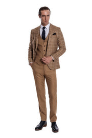 Checked Slim Fit Tan Men Suit - Wessi