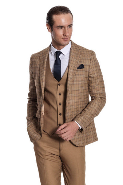 Checked Slim Fit Tan Men Suit - Wessi