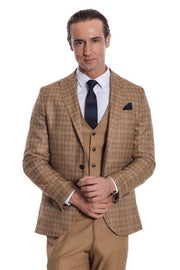 Checked Slim Fit Tan Men Suit - Wessi