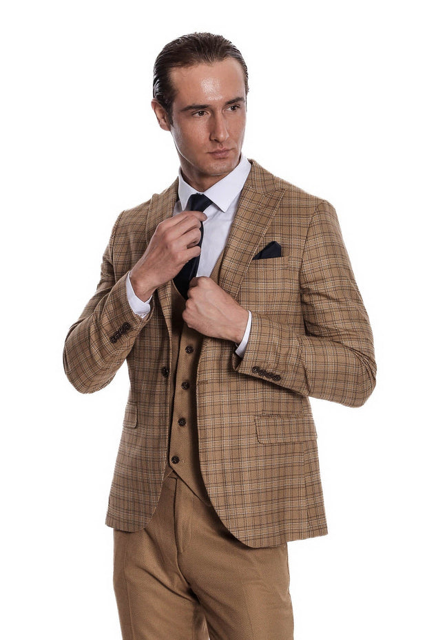 Checked Slim Fit Tan Men Suit - Wessi