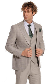 Checked Slim Fit Cream Men Suit - Wessi