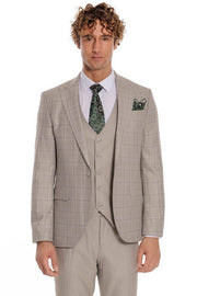 Checked Slim Fit Cream Men Suit - Wessi