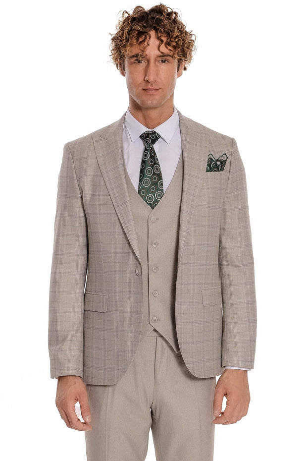 Checked Slim Fit Cream Men Suit - Wessi